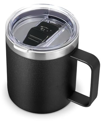 Volhoply 14oz Insulated Stainless Steel Coffee Mug with Leakproof Lid,Double Wall Vacuum Travel Coffee Cup with Handle,Reusable Metal Tumbler,Camping Mugs Keep Hot/Cold,Christmas Gifts(Black,1