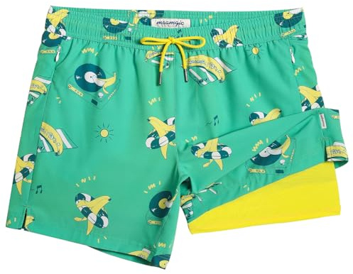 maamgic 12,7 cm Herren-Badehose mit Kompressionsfutter, 2-in-1 Badeshorts, Stretch, schnell trocknend, mit Reißverschlusstaschen, Grün-gelbe Urlaub-Banane, Medium