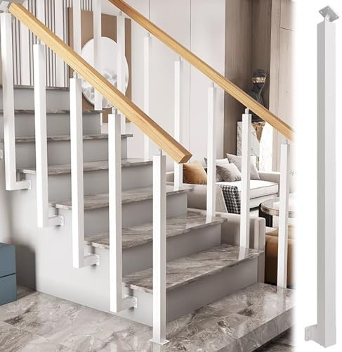 Geländer Außen/ Innen Treppengeländer Weiß Seitliche Befestigung Treppe Baluster, Deck-Geländer-System mit 270 Grad verstellbarer Halterung und Schrauben, Quadratisches Metall Geländersäule Spindelpfo