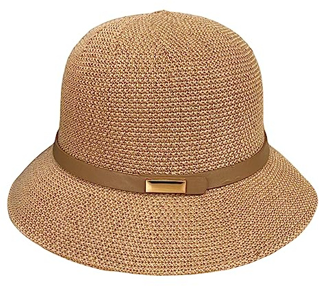 Hperu Sommer Bowler Hut, Damen Stroh Cloche Hut mit Kordelzug, Khaki, Einfarbig, Atmungsaktiv, Sonnenschutz, Klassisch, Hocher Schutz, Passt Größe 22-22.8 cm, Höhe 8 cm