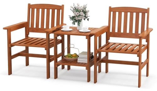 COSTWAY 3 Piece Patio Bistro Set, Wooden Slatted Conservatory Coffee Table Chairs Set with Umbrella Hole, Outdoor Garden Furniture Set for Balcony Poolside Lawn Backyard