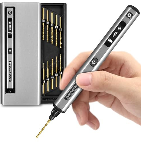AM ARROWMAX Mini Drill Pen, 5-Speed, LED Lights, OLED Display, Aluminium Box, Resin Drill Set With 10 Small Bits, 3/32-Inch Shank, For Jewelry Making, Wood, Plastic,(SDS)
