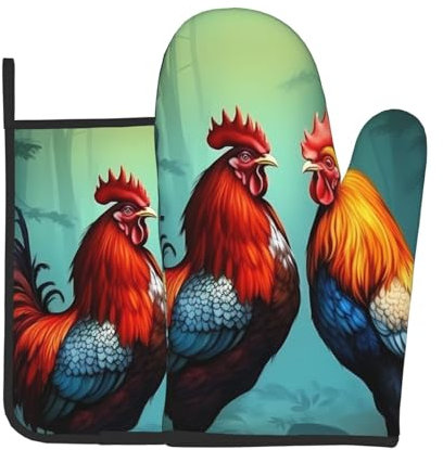 YYHWHJDE Ofenhandschuhe und Topflappen mit niedlichem Hahn-Huhn-Muster, 2er-Set, zum Backen von Topfdeckeln in der Küche und zum Transportieren von Geschirr aus der Mikrowelle