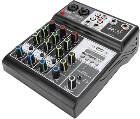 Mezclador de Audio Profesional de 4 Canales con Grabación USB, Micrófono Inalámbrico Dual y Procesador de Tarjeta de Sonido Incorporado, Mesa de Mezclas para (Enchufe de la UE