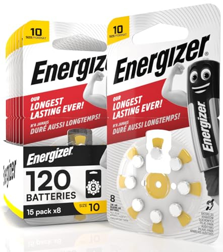 120 Batterie Acustiche Energizer per Apparecchi Acustici Auricolari Misura 10 Giallo con Tecnologia PowerSeal - 15 Blister da 8 Pile