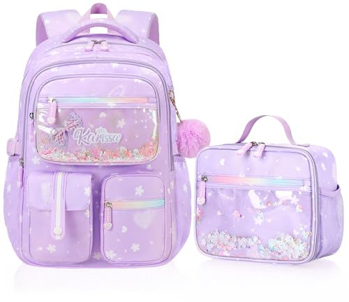 Amythe Schultasche Mädchen Rucksack Kinder Set, Stilvoller Schulrucksack für Mädchen der 1. bis 4. Klasse, Wasserdichter Ranzen School Bag mit Lunchpaket Anhänger, Lila