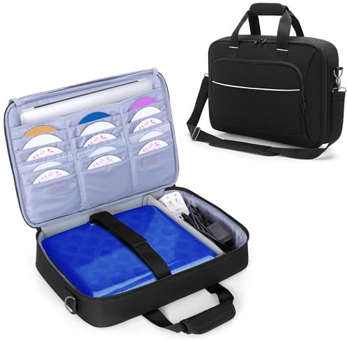 Rexmica Travel Carrying Case for Portable DVD Player (Fits 14.1-17.5 inch), Portable DVD Player Case Bag with Laptop Sleeve, 15 DVD Storage Pockets, Front Accessory Pocket, Black (Patented Design)