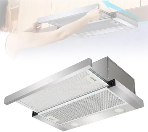 BDJSN Push-Pull 220V Cooker Hood, 600mm Twin Motor Stainless Steel Telescopic Recirculating Extractor with LED Light, 390pa Exhaust Fan, 120mm Air Outlet, for Kitchen, Restaurant, Hotel