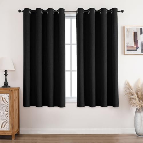 CUCRAF Vorhang 100% Blickdicht Leinen Gardinen mit Ösen Verdunklungsvorhänge Gardinen Schwarz H137 x B117 cm 2er Set,Thermovorhang Kälteschutz Schallschutz Vorhang für Wohnzimmer Schlafzimmer