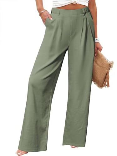 Friptspyg Pantalones Palazzo Pantalones Casual Señoras Verano Cintura Alta Palazzo Elástico Pantalones Casual con Bolsillos,Verde Militar M