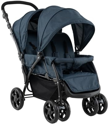 GOPLUS Carrito Gemelar, Silla de Paseo para Gemelos con Respaldo Ajustable, Toldo y Cinturón de Seguridad de 5 Puntos, Cochecito Doble Plegable para Bebés de 0-3 Años (Azul)