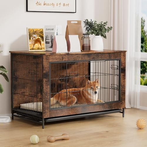 VOWNER Hundekäfig Möbel, 97 x 61 x 66 cm Hundebox für zuhause, Moderne Hundehütte Indoor für kleine/mittelgroße Hunde, 3 Türen Design, für Wohnzimmer und Schlafzimmer, Vintage Braun