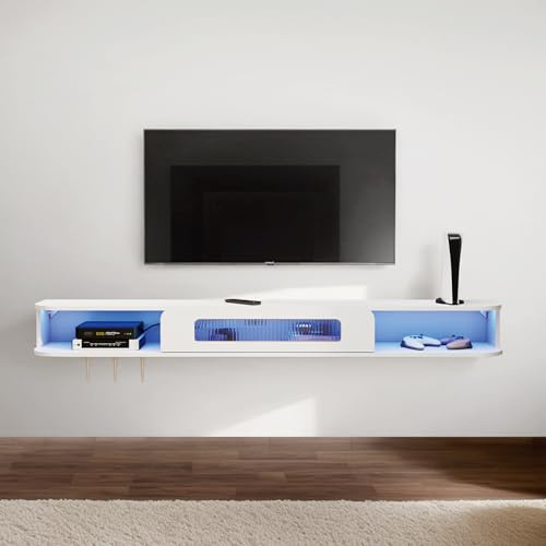 Pmnianhua Meuble TV flottant avec lumières LED, meuble TV mural en bois massif avec porte en verre, console multimédia du milieu du siècle, grande étagère de rangement sous la télévision (120 cm
