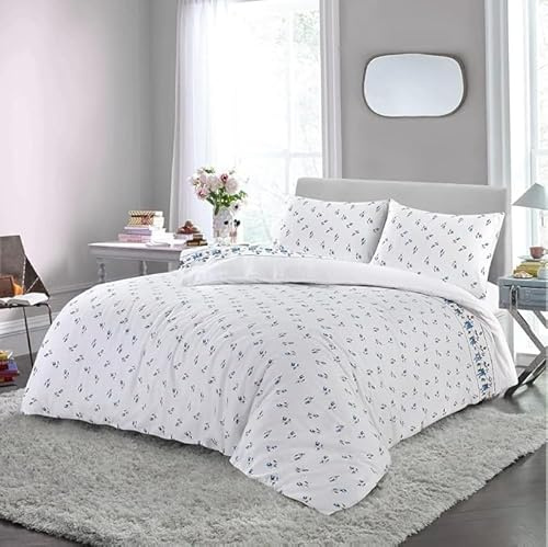 Bella Nights Rosebud Flannelette Duvet Cover Set – 100% Brushed Cotton Floral Thermal Flannel Bedding Set Soft & Warm Cozy Quilt Cover With Pillowcases (Blue, Double)