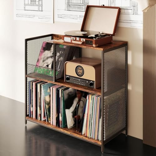 FORRTY Gran Mueble De Vinilos De 3 Niveles, Capacidad 300 LP, Mesa for Tocadiscos Metálica Y De Madera, Estilo Industrial, Armario Vinilo Y Estantería CD/Revistas for Salón/Oficina