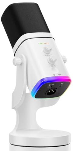 Facmogu Dynamisches Mikrofon für Podcast-Aufnahmen, USB/XLR-Desktop-Ständermikrofon mit Echo-Lautstärkeregelung, PC-Gaming-Streaming-Mikrofon mit RGB-Licht, Stummschalttaste (weiß)