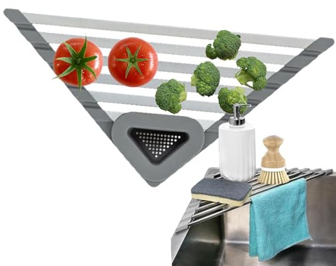 Escurridor Triangular Para Esquina De Fregadero, Escurridor Enrollable Y Organizador De Acero Inoxidable Con Borde De Silicona, Para El Fregadero De La Cocina, Ahorra Espacio Y Se Seca Rápidamente