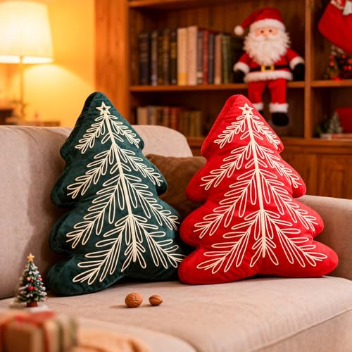 Lanpn 2 Stück Weihnachtsbaum Kissen Weihnachtskissen, Weihnachts Kissen Dekokissen Flauschiges Zierkissen für Party Bett Sofa Couch Weihnachtsdeko (Grün & Rot, 40,5x52cm)