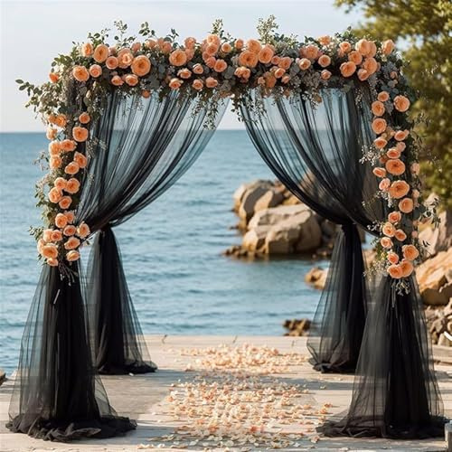 GIBZ Rideau de Fond Arche en Maille Grand pour Mariage Anniversaire Fêtes Élégant Drapé Photo Décoration en Tulle Transparent, Noir, 80x800cm