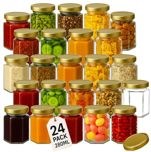 Offer Shop Glass Jars with Lids & Labels - 24 Hexagonal 9oz 280ml Storage Jars of Quality Made | Ideal for Spice Jam Honey Yogurt Sweets or Candle Making | 24 Pack