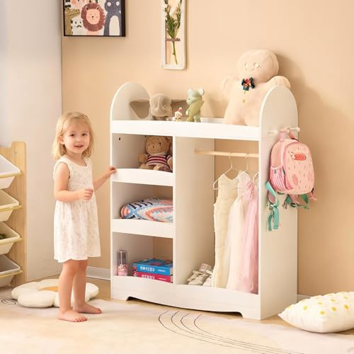 LALAHO kinderkleiderschrank，kleiderschrank kinderzimmer，kleiderschrank | kindergarderobe mit ablage，mit 3 Haken，mit 5 offener Ablagen, Kinder Kleiderständer für Kinderzimmer（Weiß）