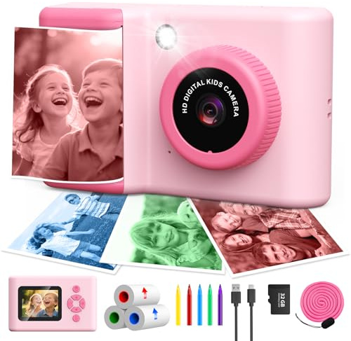 CHAKEYAKE Sofortbildkamera Kinder, 20MP 1080P Kinderkamera mit 2,4-Zoll-Display, Digitalkamera mit 3 Rollen Farbfotopapier, 32GB Speicherkarte, Farbstift, Geschenke für Jungen und Mädchen 3-12, Rosa