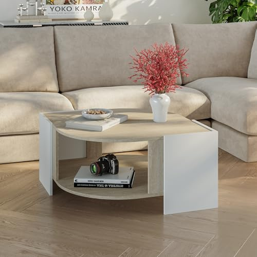 [en.casa] Tavolino Centrale da Salotto con Piano Curvo Tavolo Basso da Caffè con Ripiano Vano Aperto per Soggiorno Living Studio 75 x 75 x 40 cm - Bianco/Color Avorio Travertino