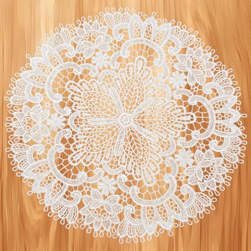 Thinp 2 Pcs Round Lace Placemats, 10inch Diameter Embroidered Lace White Doilies for Tables Vintage Crochet Doilies Placemats for Dining Room Wedding Table Decor Cup Vase Decoration (White)