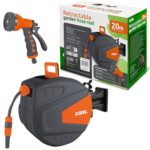 COIL Trädgårdsslang, automatisk slangtrumma, väggmontering, Smart Stop, 9 sprayfunktioner, inklusive sprutpistol, 2 m inloppsslang, 20 m