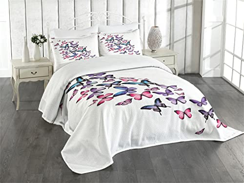 ABAKUHAUS Schmetterlinge Tagesdecke Set, Netter Flügel Feminine, Set mit Kissenbezug Sommerdecke, für Einzelbetten 170 x 220 cm,Lila Rosa Blau
