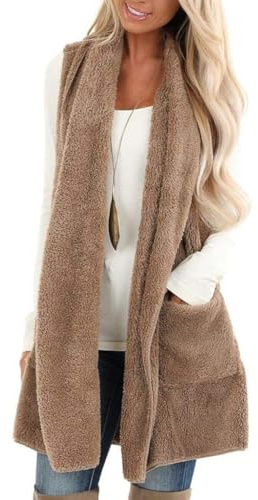 ReachMe Women's Sherpa Vest Open Front Sleeveless Fleece Cardigan(01 Khaki,XL)