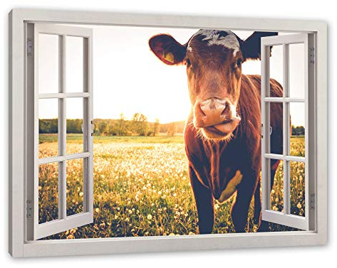 Pixxprint Kuh auf Butterblumenwiese, Fenster, Größe: 120x80cm, Leinwandbild, fertig gespannt, Wandbild, Dekoration, Kunstdruck, kein Poster
