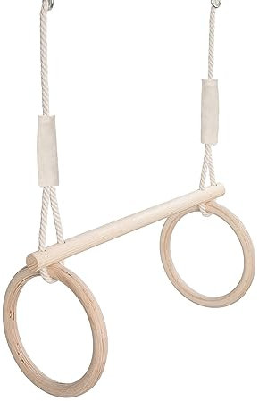 MAMOI® Trapez schaukel, Turnringe aus Holz, Turngeräte Indoor und Outdoor, Ringe schaukel, Turnen mit Holzschaukel, Gymnastikringe und Trapezstange