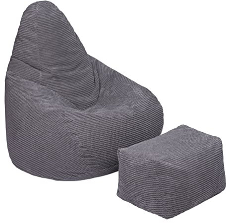 Loft 25 Sitzsack mit Hoher Rückenlehne für Erwachsene | Cordstoff, Innenfutter | Ergonomisches Design für Körperunterstützung (Holzkohle, Sitzsack+Hocker)