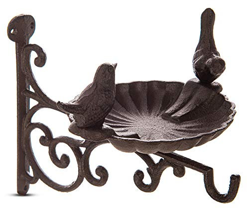 Petlicity Cast Iron Bird Bath and Feeder - Wall Mounted Bird Feeder with Hanger, Wall Bracket and Ornate Contemporary Sculptural Detailing - Bird Feeder for Fence and Rustic Garden Decor