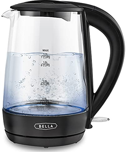 bella 1.7 Liter Glass Electric Kettle, Quickly Boil 7 Cups of Water in 6-7 Minutes, Soft Blue LED Lights Illuminate While Boiling, Cordless Portable Water Heater, Carefree Auto Shut-Off, Black
