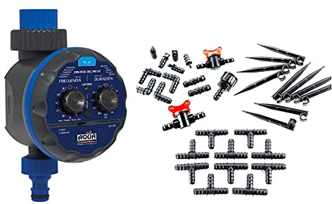 Aqua C4109 Programador de Riego para Jardín Modelo Acorazado para Todo Tipo de Grifos, Abre a 0 Bar + KITG001 Pack Básico de Accesorios de 16 mm para Todo Tipo de Riego por Goteo Gota, Negro