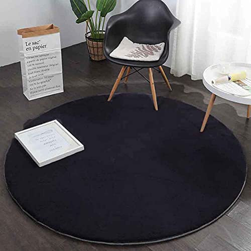 VIMODA Fellteppich Kunstfell Teppich Rund Imitat in Grau Dicht Flauschig Seidiger Glanz Hochflor (Ø 120 cm Rund, Schwarz)