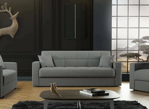 Dmora Divano Letto 3 posti Pinto, Divano Letto Contenitore lineare, Sofà da Soggiorno in Tessuto Imbottito con Apertura Click-clack, 212x80h87 cm, Grigio