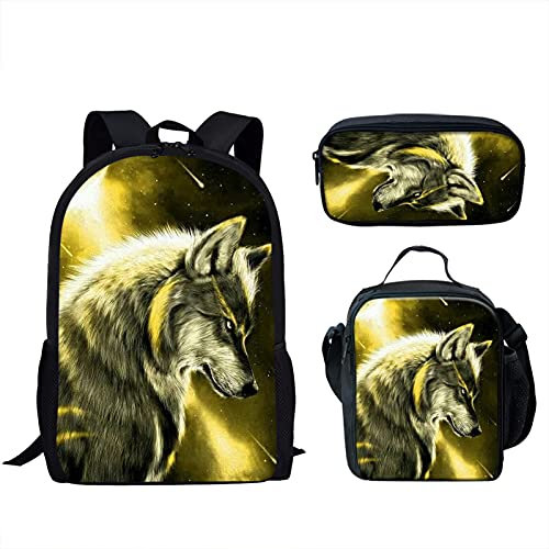 Binienty Modische Schultasche 3-in-1 für Kinder, Jungen, Mädchen, Rucksack + Lunch-Tasche + Federmäppchen, Wolf Galaxie, Einheitsgröße,