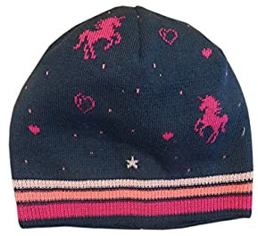 maximo MINI Girl-Mütze, Navy/Sangria, randlos, Jacquard, Motiv Einhorn, Gr. 49