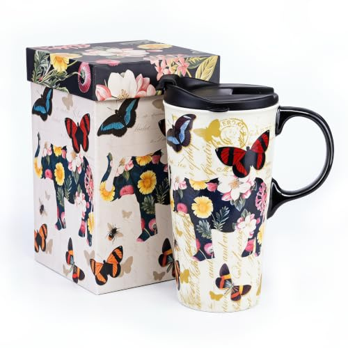 DUSVALLY 500ml Ceramic Travel Mug with Lid, Elephant Mug with Butterflies