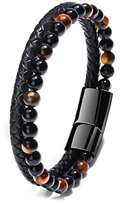 Bracciale da uomo, realizzato con perline di pietra naturale da 6 mm e vera pelle di alta qualità con chiusura magnetica staccabile in acciaio inossidabile