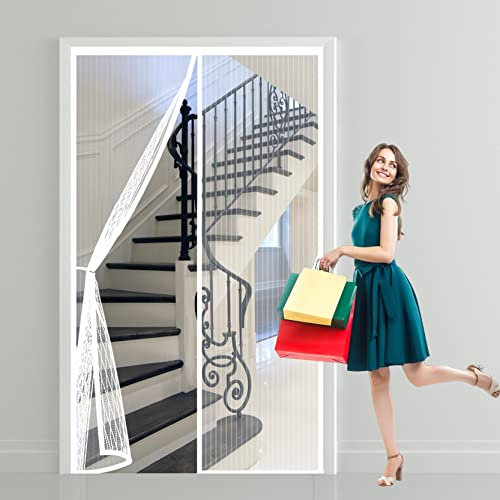 Magnet Fliegengitter Tür 155 x 200 cm HäNde Frei Ohne Bohren, Nicht Kürzbar Insektenschutz Balkontür Fliegengitter Automatisch Verschließen, Nicht Kürzbar für alle gängigen Türgrößen, Weiß