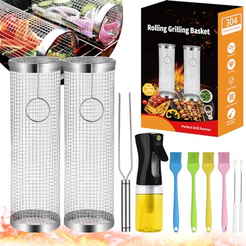Rolling Grill Baskets (2PCS), Stainless Steel Grill Basket, Dishwasher Safe BBQ Grill Accessories Portable Grill Baskets for Outdoor Grill for Fish, Shrimp, Meat, Vegetables, Fries Outdoor Cooking Camping