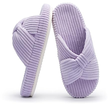Chantomoo Pantoufles pour femme en mousse à mémoire de forme en velours côtelé avec nœud et bandes croisées