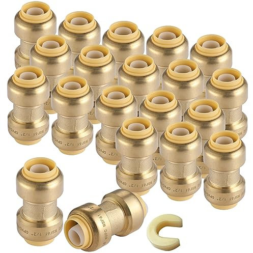 GUOFIS 20 Pack 1/2 Inch Pushfit Straight Coupling, PEX Brass Push-fit Coupling with Disconnect Clip, Push-to-Connect Plumbing Fittings for PEX, Copper, CPVC(PF003-20Pack)