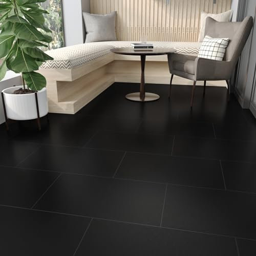 Yullpaper 15 PCS Black Vinyl Flooring Peel And Stick Floor Tiles Bathroom Floor Tiles Self Adhesive Waterproof Kitchen Floor Tiles Black Lino Flooring For Living Room Bedroom 60 X 30cm