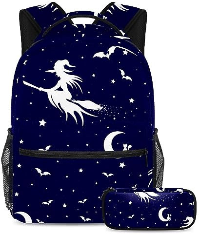 VAPOKF School Bag Set for Teen Girls Boys, Student Bookbag Backpack Rucksack with Pencil Case for School - Flying Witch on Broom and Bats