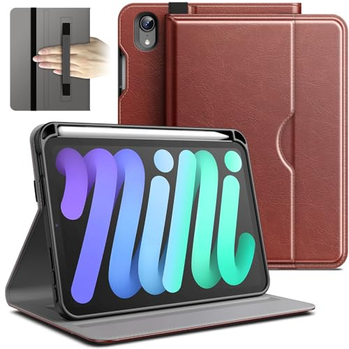 JETech Business Hülle für iPad mini A17 Pro/6. Gen, Braun | Für 8,3 2024/2021 Modell, PU-Lederdesign, Stifthalter & Tasche, Mehrwinkel-Betrachtung
